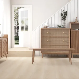 Light ivory 8mm SPC flooring installed in a bright Scandinavian-style interior