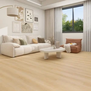 Warm beige 8mm SPC flooring installed in a modern living room