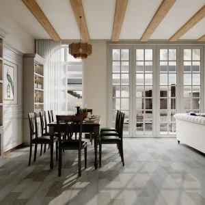 Soft greige 8mm SPC flooring installed in a sunlit dining room