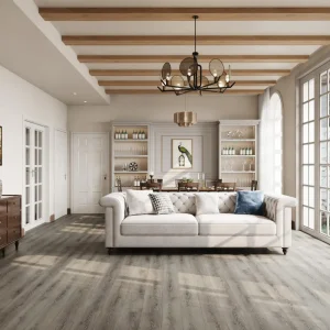 Taupe gray 8mm SPC flooring installed in a classic living and dining room