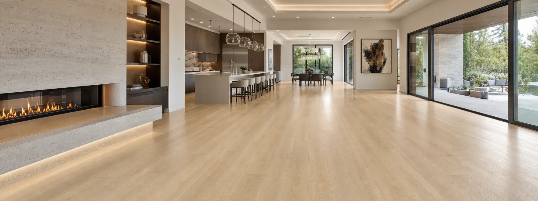 Light wood flooring in a spacious open-plan luxury interior