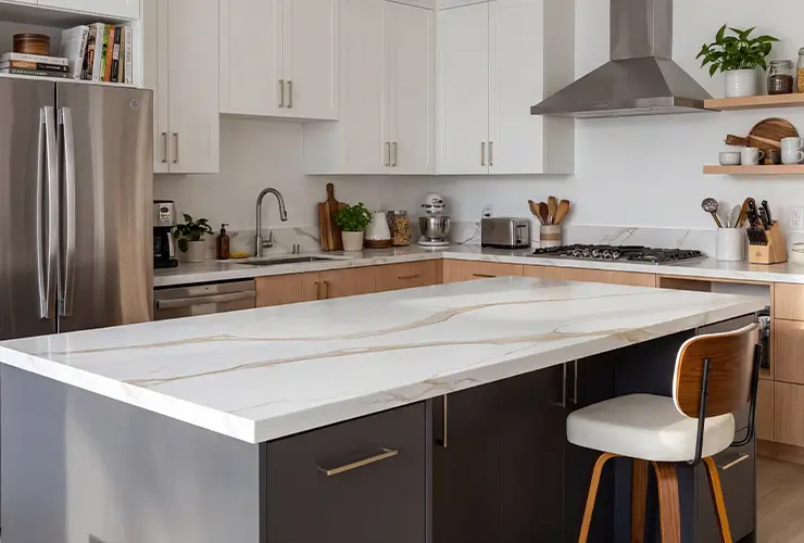 White quartz countertop installed on a modern kitchen island