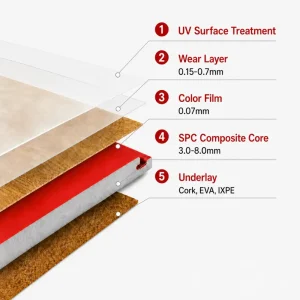 SPC vinyl flooring layered structure with wear layer rigid core and underlayment