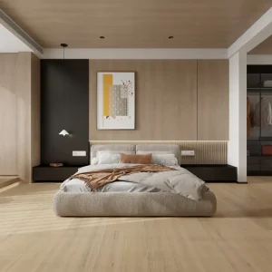 Sunwashed Grain European oak engineered wood flooring installed in a modern bedroom