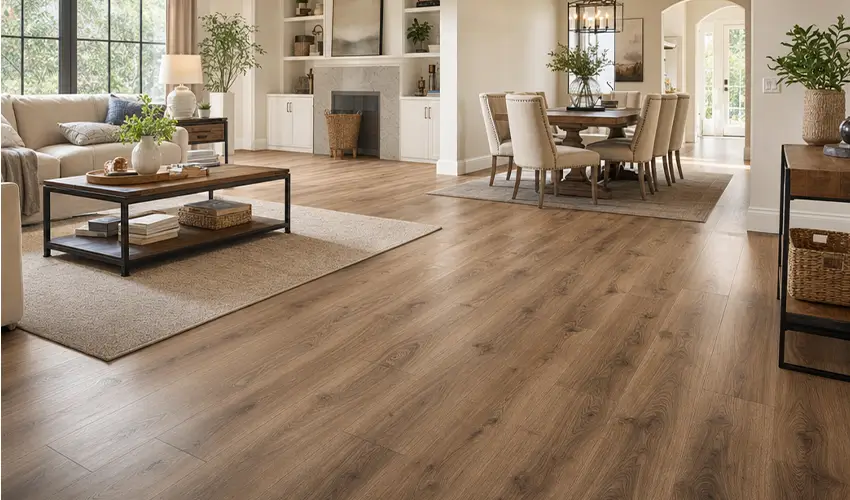 Warm wood-look vinyl plank flooring in an open-concept living room
