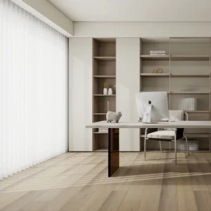 Whispering White European oak engineered wood flooring in a bright home office