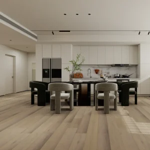 Whispering White European oak engineered wood flooring in a modern dining and kitchen area