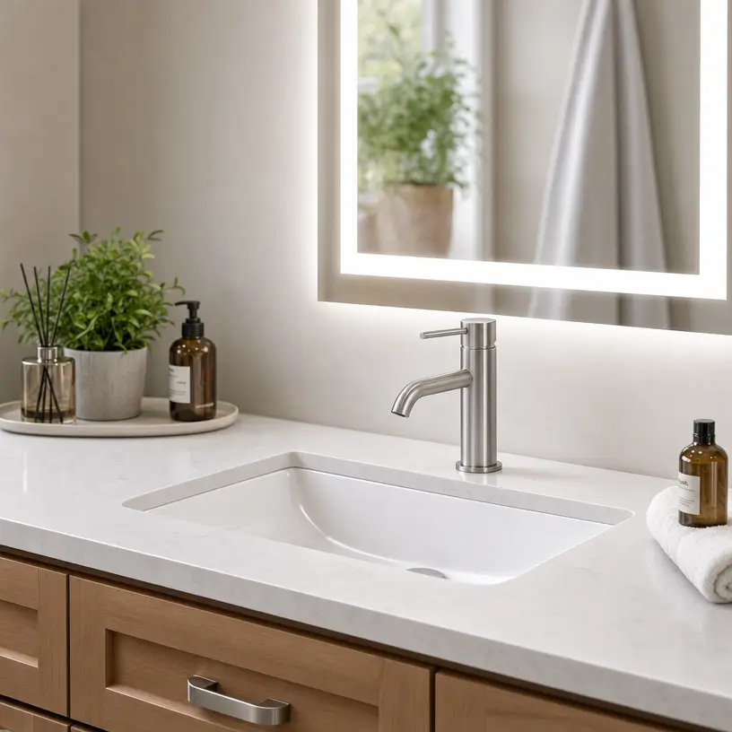 Bathroom vanity with integrated sink, brushed metal faucet, and illuminated mirror