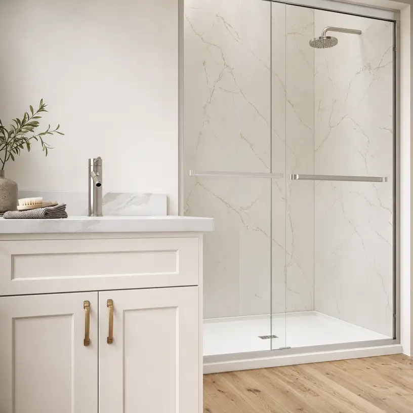 White bathroom vanity and glass shower with coordinated neutral finishes