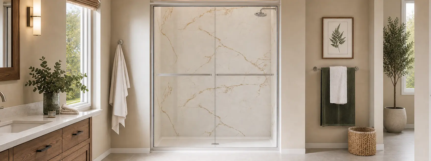 Full bathroom design with vanity, shower wall panels, and toilet