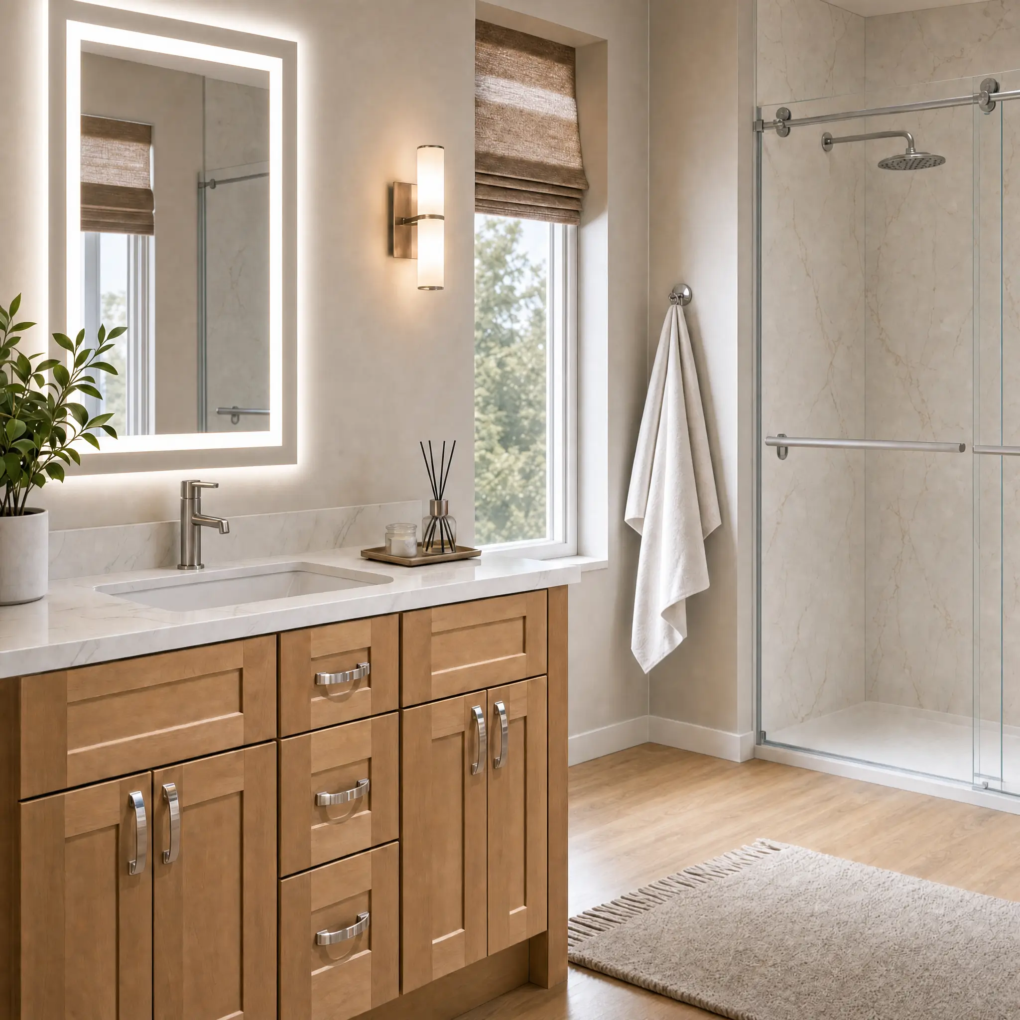 Modern bathroom with wood vanity, illuminated mirror, and glass shower enclosure