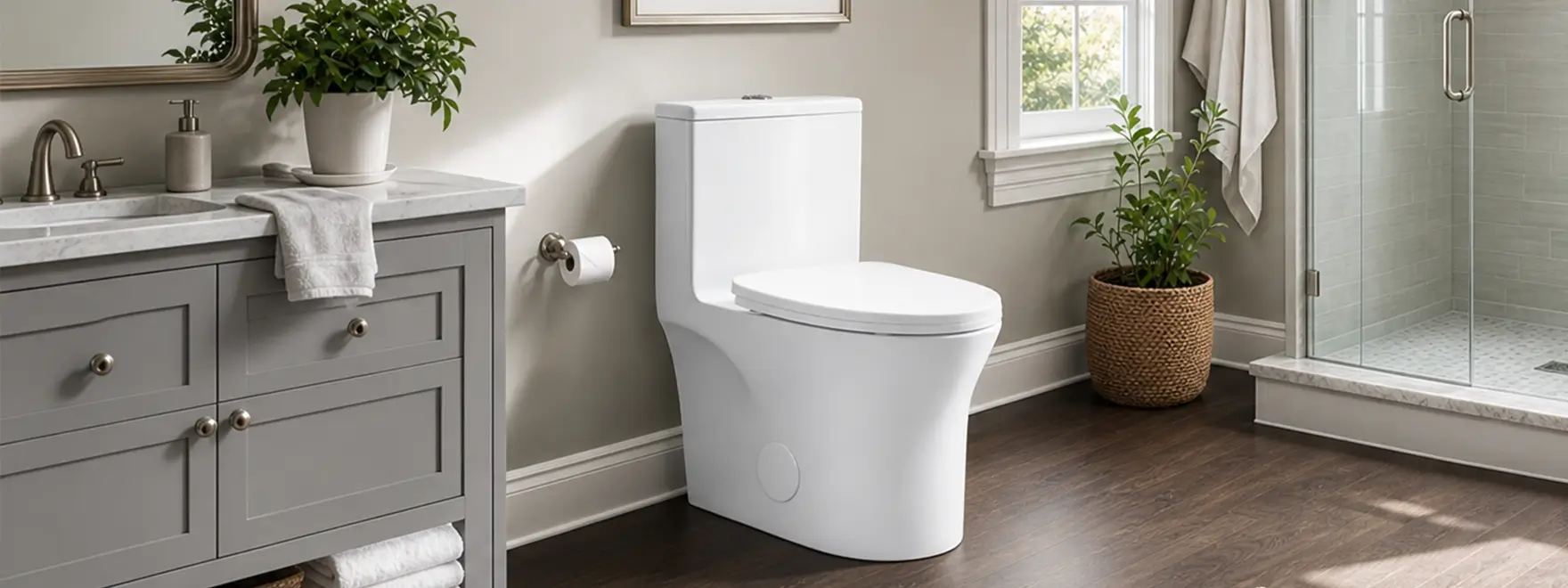 Modern white one-piece toilet in a bathroom with gray vanity and glass shower