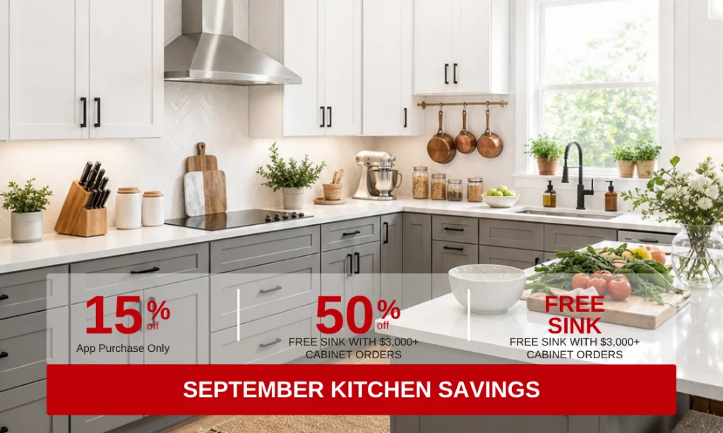 CasaPro September kitchen cabinet promotion with app discount, cabinet savings and free sink offer
