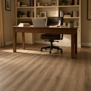 Chestnut Glow NW-001 8mm SPC flooring installed in a warm home office