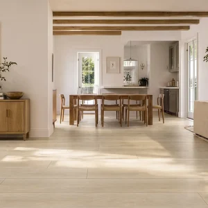 Sandstone Blush NW-002 8mm SPC flooring installed in a bright dining area