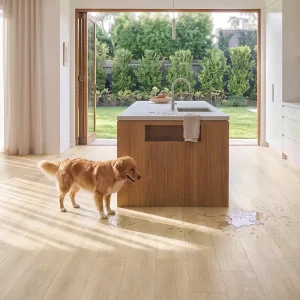 Sandstone Blush NW-002 waterproof SPC flooring shown in a modern kitchen