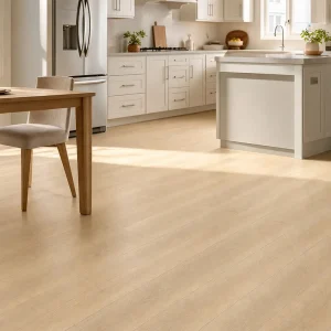 Sunlit Wheat NW-003 8mm SPC flooring in a bright kitchen and dining area