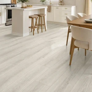 Lunar Parchment NW-004 8mm SPC flooring installed in a modern kitchen and dining room