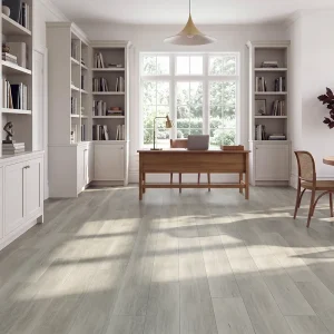 Meteor Ash NW-005 8mm SPC flooring installed in a bright home office