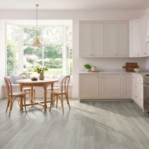 Meteor Ash NW-005 8mm SPC flooring in a light kitchen and dining space