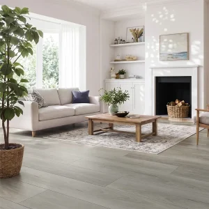 Meteor Ash NW-005 8mm SPC flooring installed in a bright living room