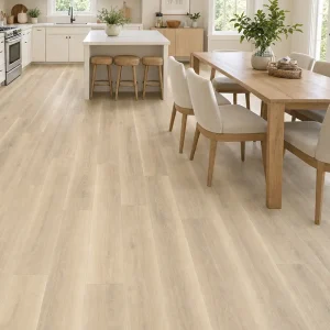 Oatmilk Dunes NW-006 8mm SPC flooring installed in a bright kitchen and dining area