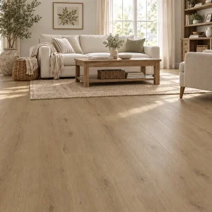 Alpine 7mm SPC flooring installed in a warm modern living room