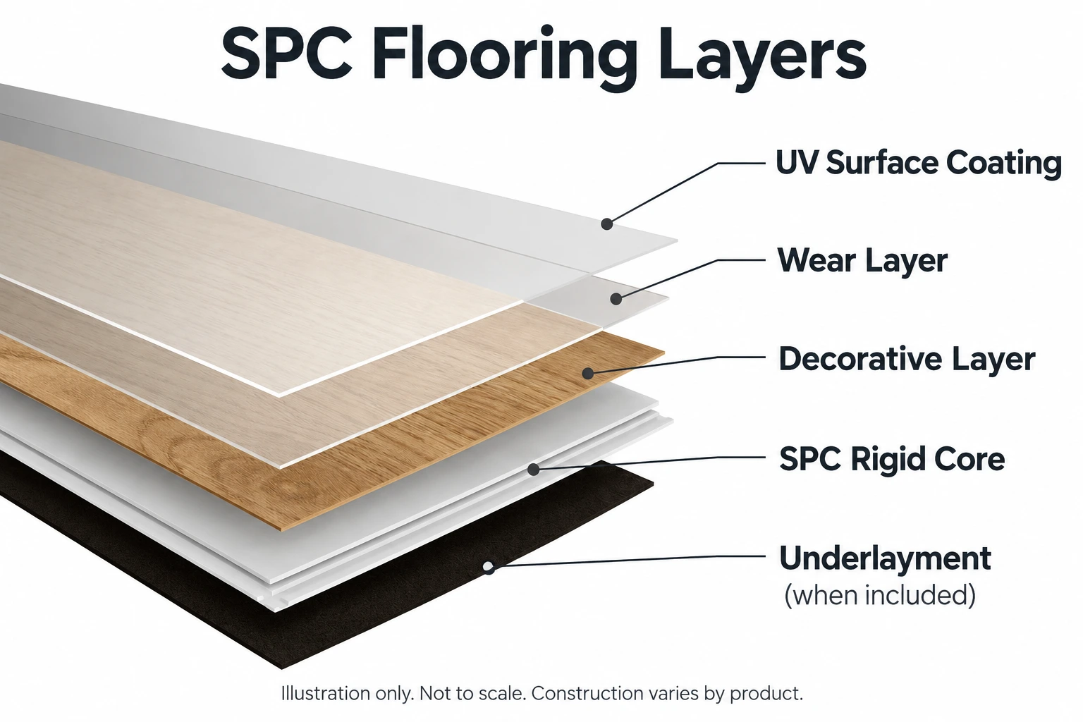 SPC flooring layers labeled: UV surface coating, wear layer, decorative layer, rigid core, and underlayment when included.
