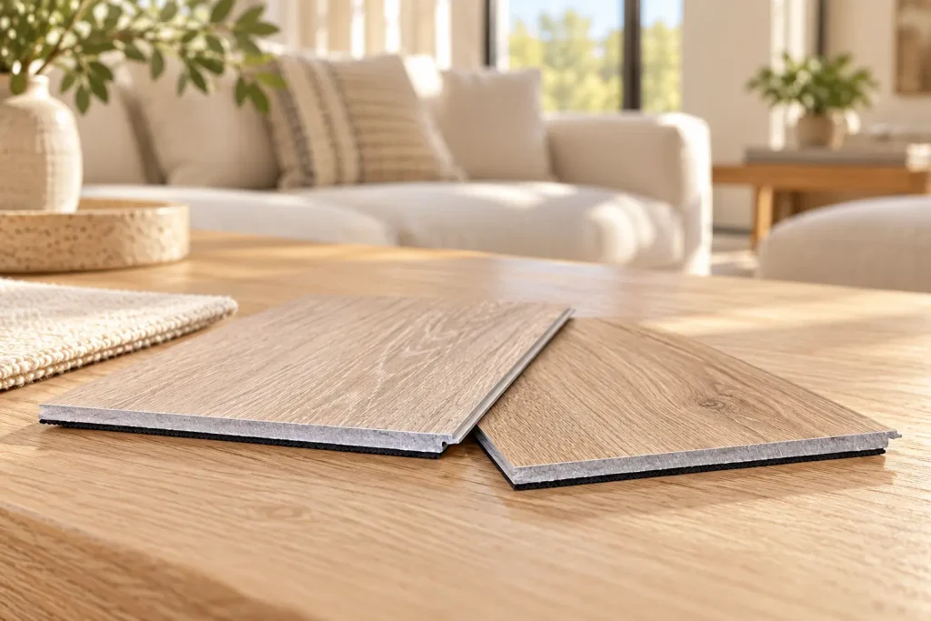Two wood-look SPC flooring samples with visible core and backing layers on a wooden table in a sunlit living room.