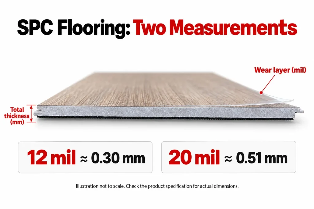 Single SPC plank with opposite locking edges, a gray core, black backing, and a thin transparent wear layer illustrated above the wood-look surface.