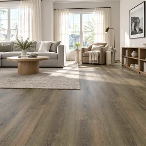 Newport 7mm SPC flooring installed in a bright living room with reading area