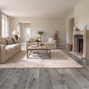 Orlando 7mm SPC flooring installed in a bright living room with fireplace