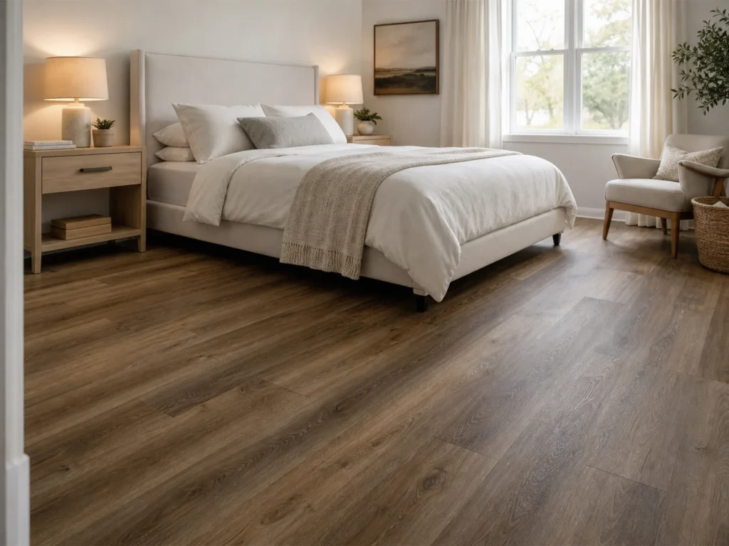 Plano wood-look SPC flooring in a bedroom with a white bed and an armchair.