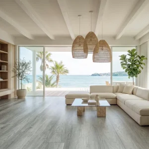 Seattle 7mm SPC flooring installed in a bright coastal-style living room