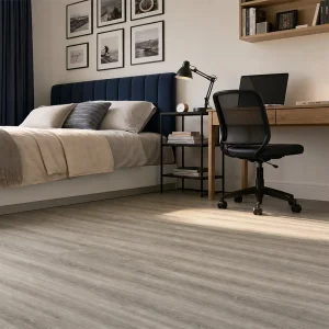 Venice 7mm SPC flooring installed in a bedroom with a home office workspace
