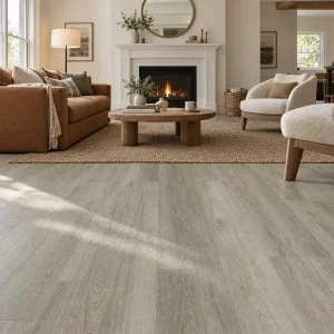 Venice 7mm SPC flooring installed in a warm living room with fireplace